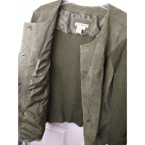 A.M.I. Woman 2X Jacket/ Sweater Green Snap 100 Leather Front Pocket Lined - Picture 11 of 12